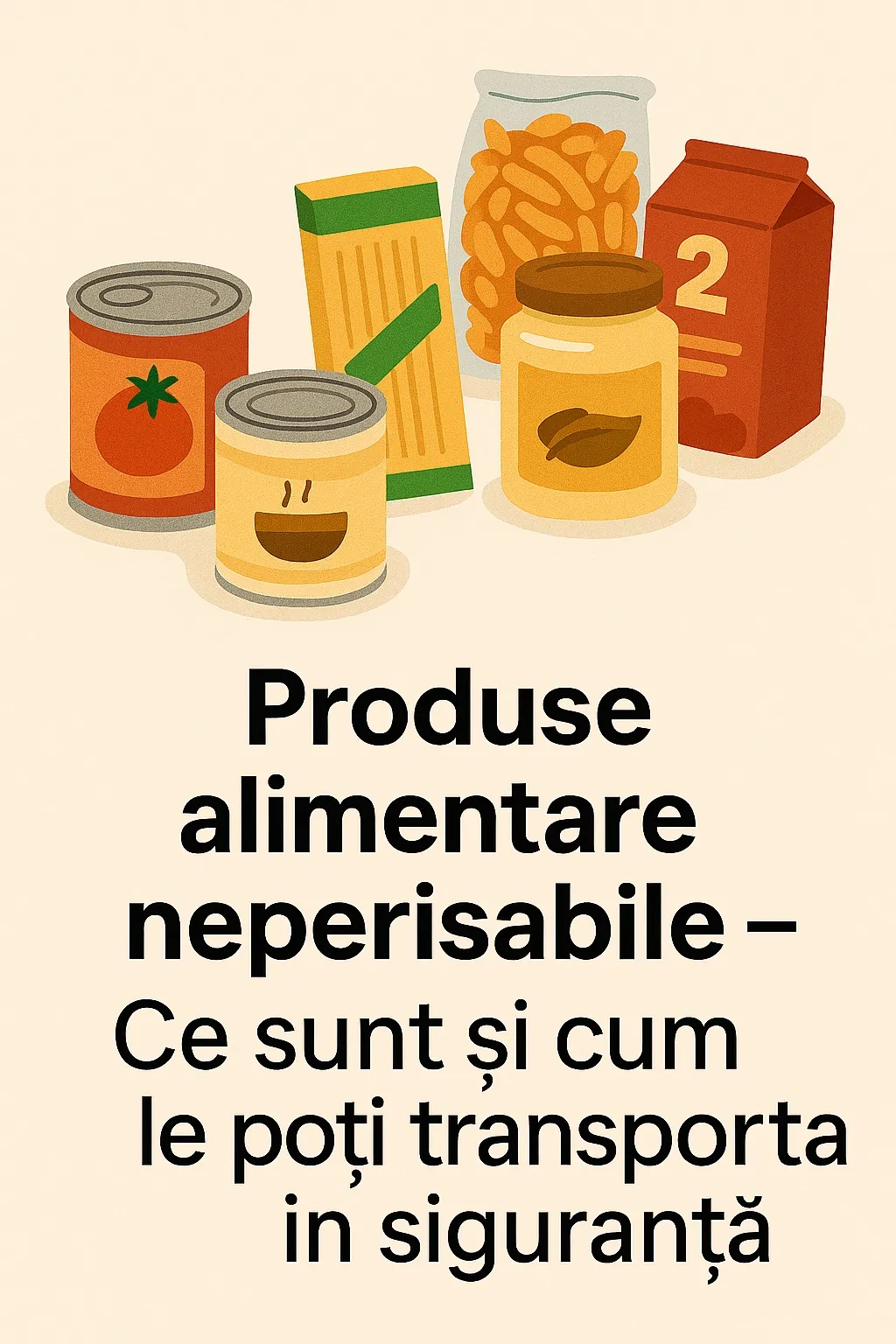 Ilustrație cu produse alimentare neperisabile (conserve, paste, miere, biscuiți) și titlul articolului despre ambalare și transport